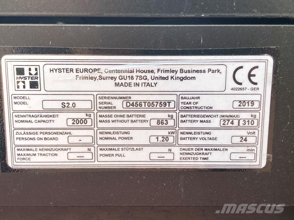 Hyster S 2.0 Transpallet uomo a terra