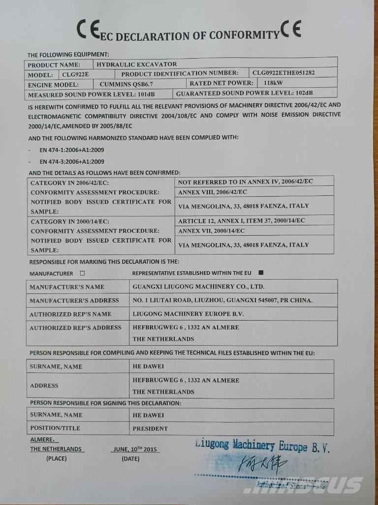 LiuGong CLG 922 E Escavatori cingolati