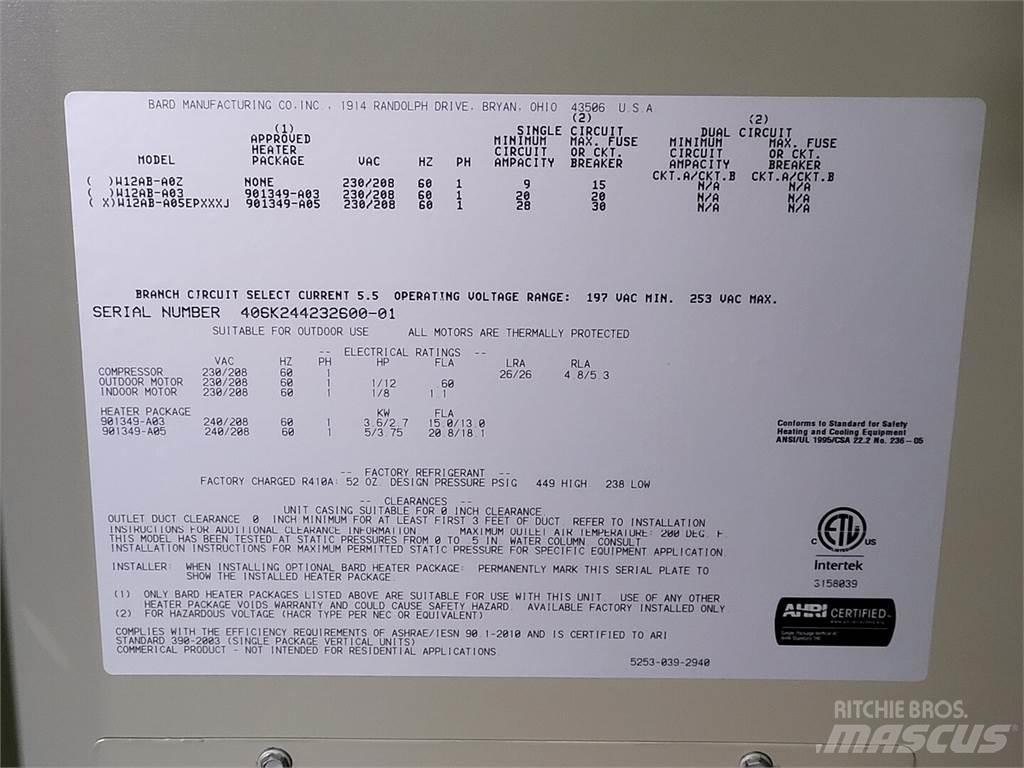  BARD W12AB-A05EPXXXJ Dispositivi di riscaldamento / scongelamento