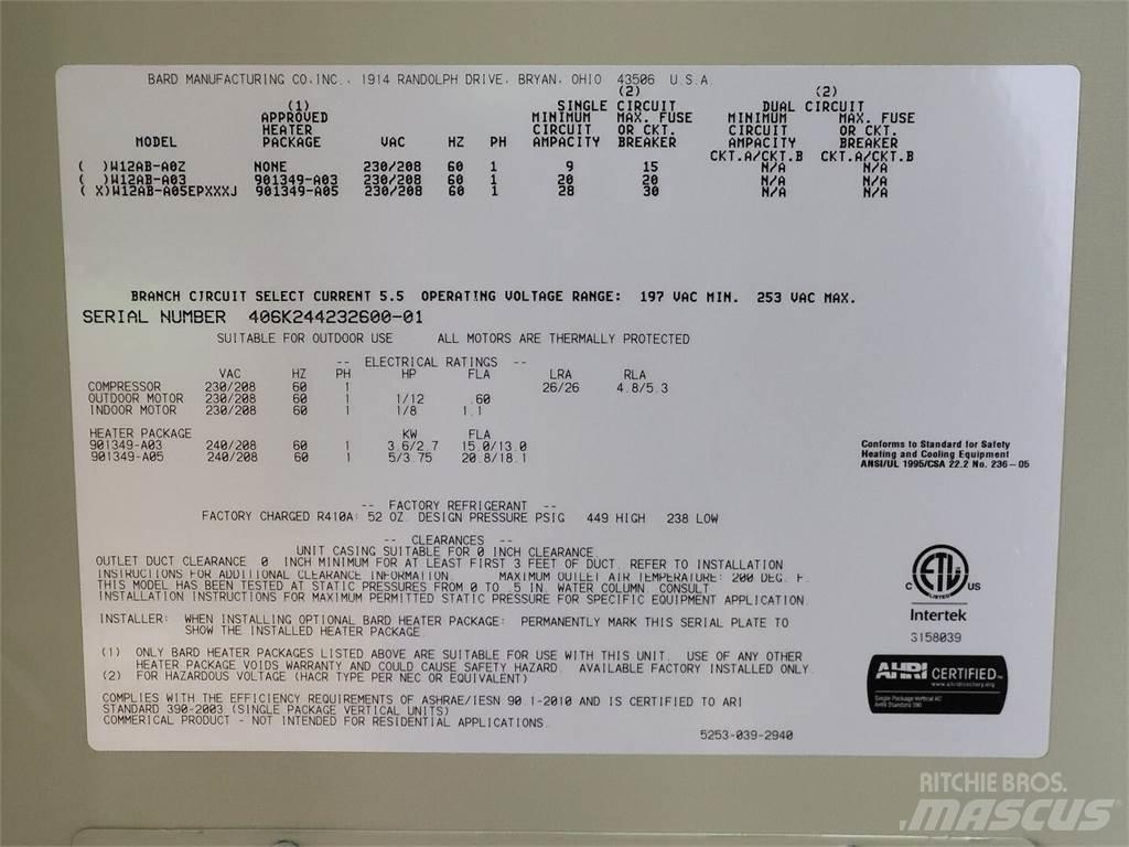  BARD W12AB-A05EPXXXJ Dispositivi di riscaldamento / scongelamento