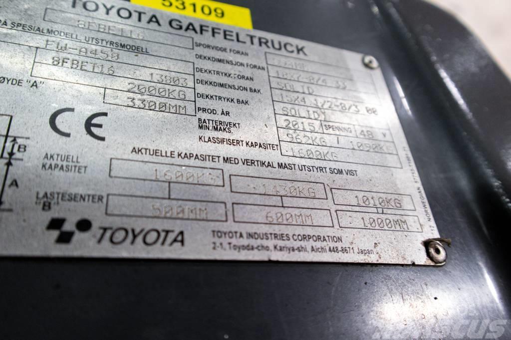 Toyota 8FBET16, motviktstruck med utskjutbara gafflar Carrelli elevatori elettrici
