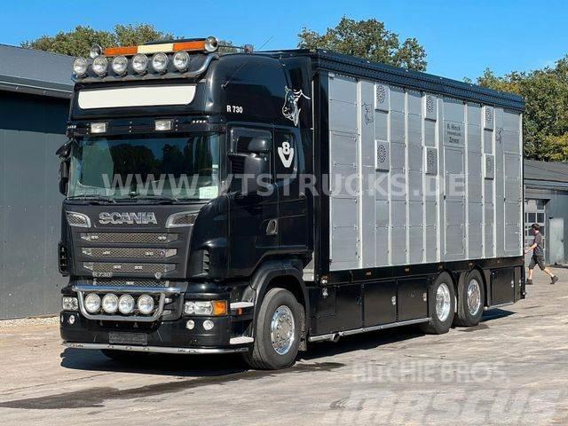 Scania R730 V8 6x2 2.Stock Stehmann + Hubdach, Vollluft Camion per trasporto animali